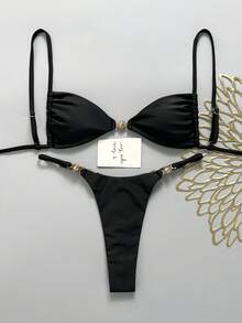 Swim Mod Conjunto de bikini de mujer de unicolor con tirantes finos y decoración metálica para primavera/verano - Negro - Ver 4
