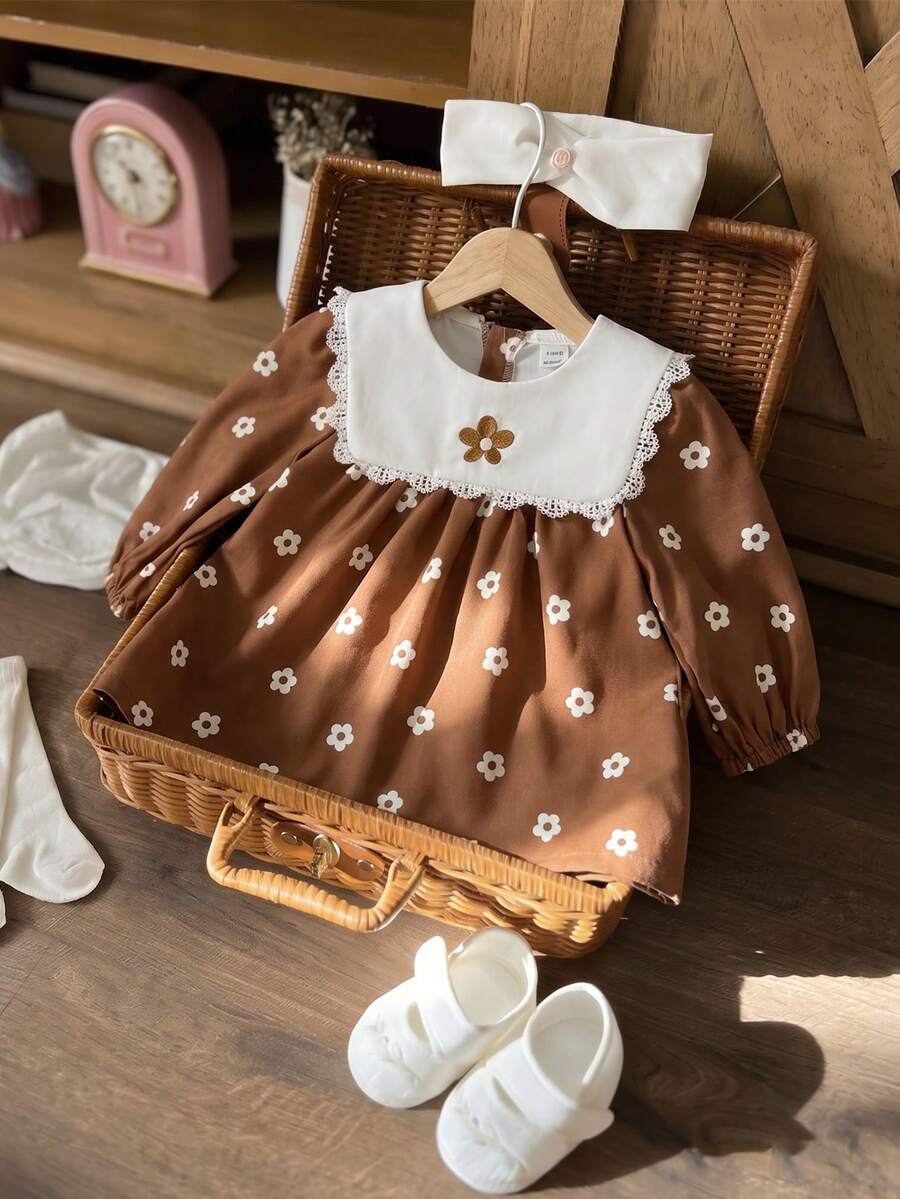 Souflis 嬰兒女童 0-3 歲秋冬新款棕色長袖小花刺繡圖案白色小花滿版印花斜紋天鵝絨洋裝,適合外出與多種場合 - 棕色 - 查看 1
