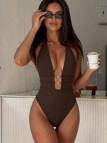 Swim SXY Springbreak 女款黑色深V掛脖性感連身泳衣 節慶波希米亞風 - 咖啡棕 - 查看 3