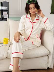 Chillnights Women's Shell Embroidery Contrast Color Pocket Top And Long Pants Pajama Set Sleep Red And White Checkered Autumn Cute Kawaii - White - View 3