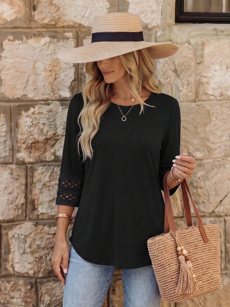 EMERY ROSE Women Solid Color Casual Crew Neck Hollow Out Sleeve Tee Graphic Tees Women Tops - Black - View 1