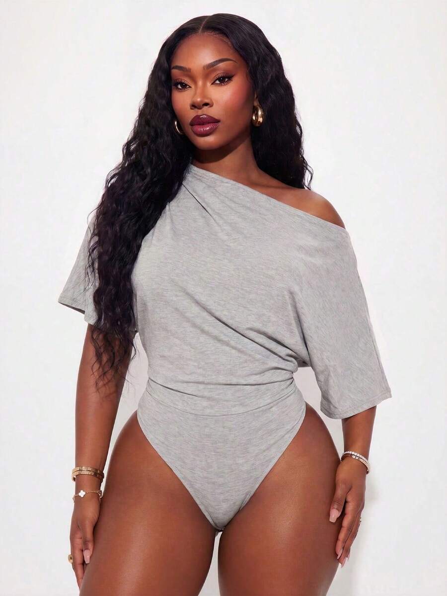 Radiana Plus Size Women's Casual Sexy Off-Shoulder Asymmetric Bodysuit, Suitable For Leisure, Daily Wear, Versatile, Street Style, Spring/Summer