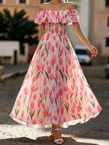 RosyDaze Summer, Elegant Party Dress, Wedding Guest Dress, Graduation Dress, Pink Dress, Women's Floral Dress, Outwear, Lace Edge Off-The-Shoulder Long Dress - Pink - View 2