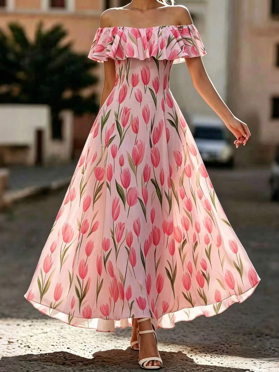 RosyDaze Summer, Elegant Party Dress, Wedding Guest Dress, Graduation Dress, Pink Dress, Women's Floral Dress, Outwear, Lace Edge Off-The-Shoulder Long Dress