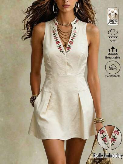 Louniche Women's Summer Gentle Style Beige Halter Neck Dress, Embroidered Neckline, Waist-Flattering A-Line Mini Dress, Summer Beach Vacation Daily Wear
