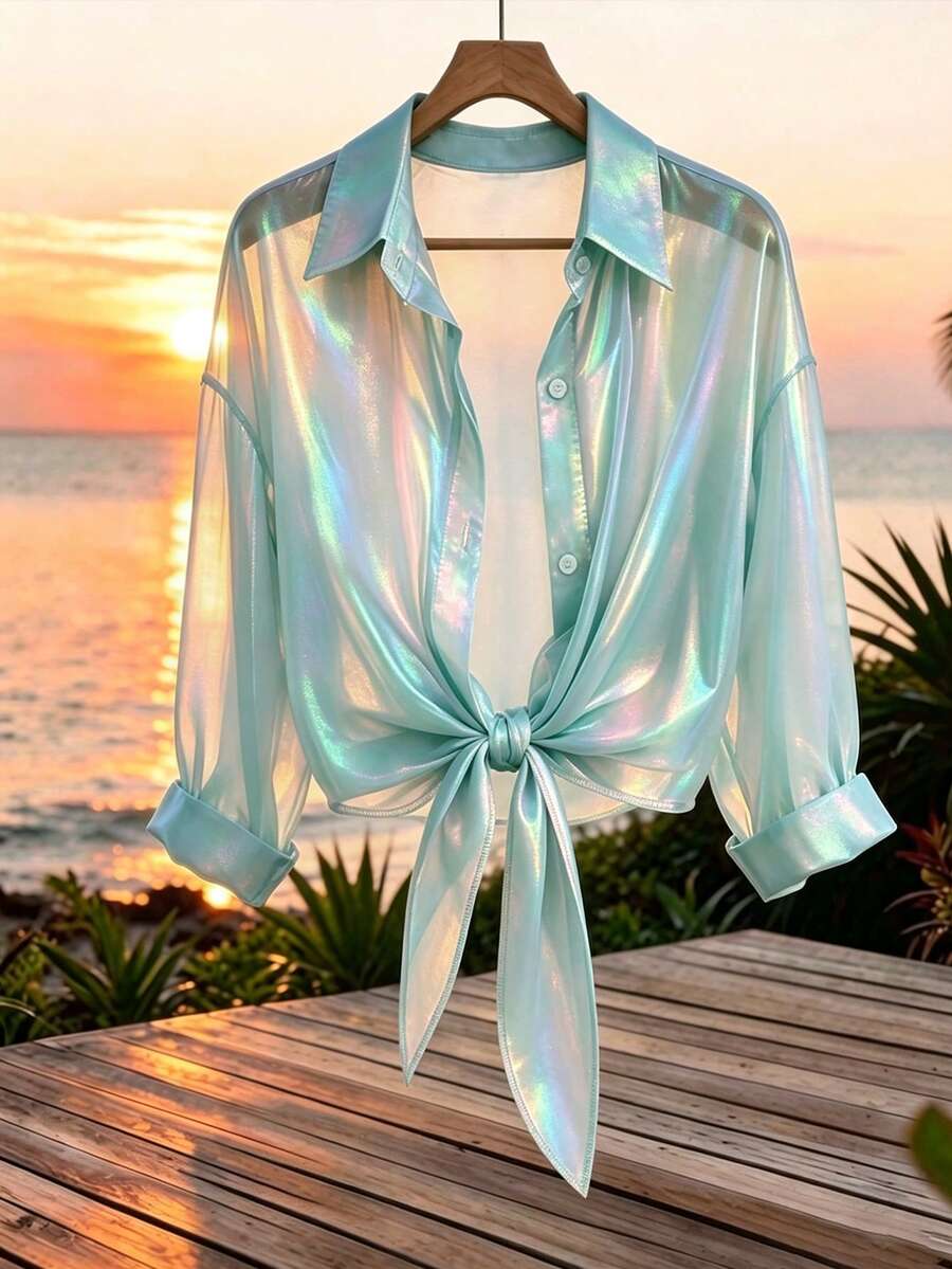 GlowEve CURVE Summer New Fashion Shiny Purple Cardigan Sun Protection Top For Women, Versatile Loose Fit Slimming Chiffon Cardigan, Thin Outerwear Shawl Blouse Fall - Green - View 1