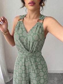 Elenzga 女款春夏復古度假休閒多色花卉印花掛脖環扣雙肩帶交叉V領收腰綁帶無袖連身褲 - 彩色 - 查看 6