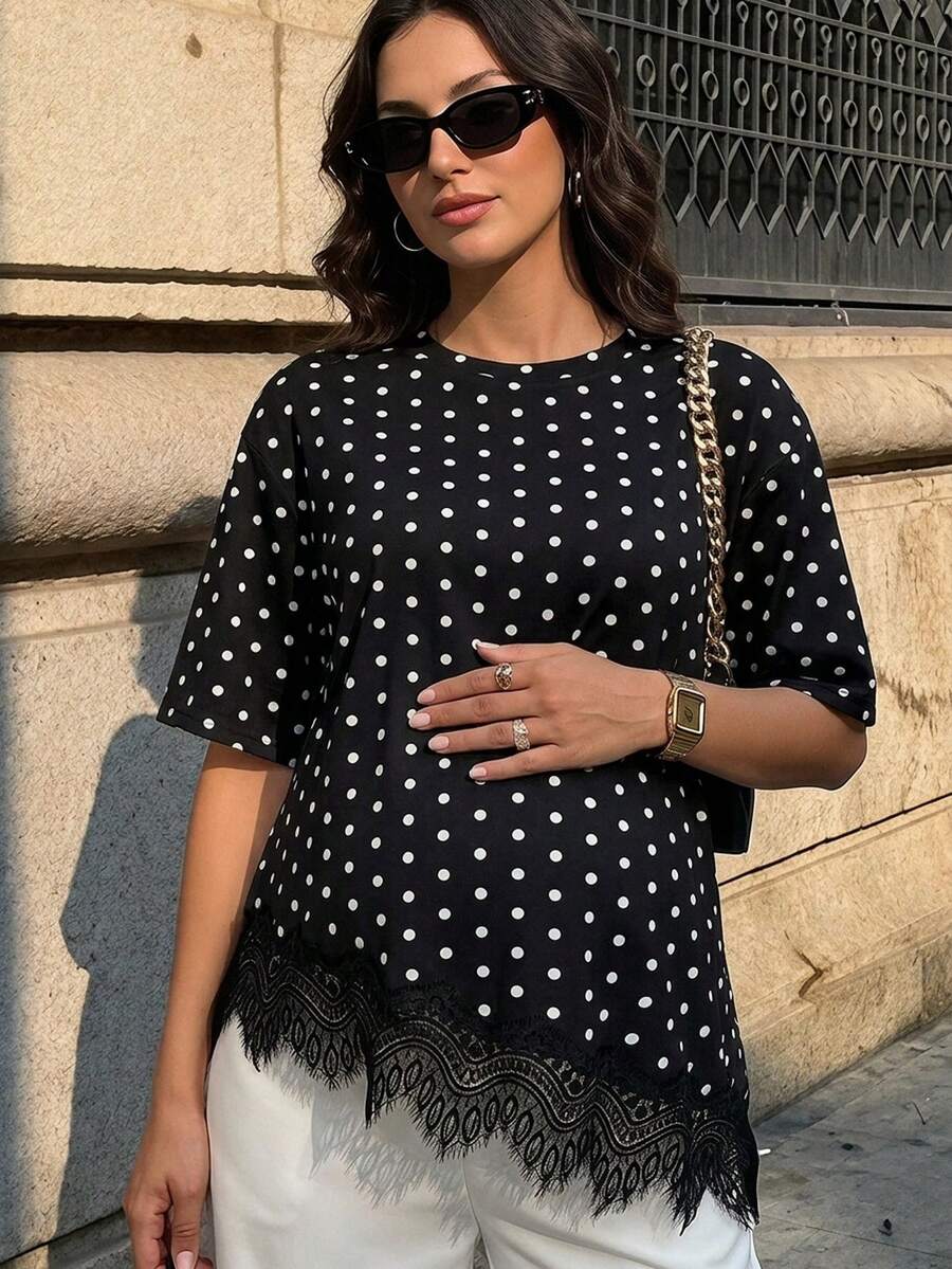 MaterniWear Maternity Polka Dot Print Lace Patchwork Asymmetrical Hem T-Shirt - Black - View 1