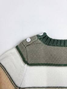 SHEIN 新生兒條紋圓領長袖毛衣與針織長褲套裝 - 綠色 - 查看 4