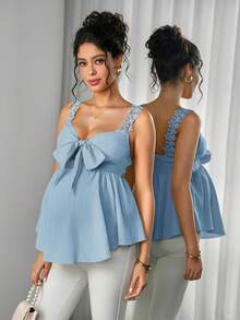 Momance Maternity Lace Camisole Top With Front Bow Tie, Back Tie, A-Line Ruffle Hem Blouse Babyshower Light Blue Summer Maternity - Blue - View 5