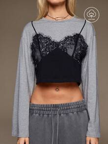 BAD SUNDAY Women's All-Season Lace Camisole Patchwork Long Sleeve T-Shirt, 2 In 1 Y2K Millennium Hot Girl Cool Innerwear - Grey - View 6