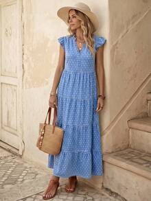 EMERY ROSE Women's Polka Dot Pattern V-Neck Casual Boho Denim Dress Vacation Blue Polka Dot Autumn - Blue - View 1