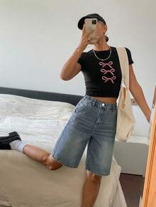 SHEIN 青少年女孩藍色牛仔寬鬆寬腿短褲 - 中等水洗藍 - 查看 5