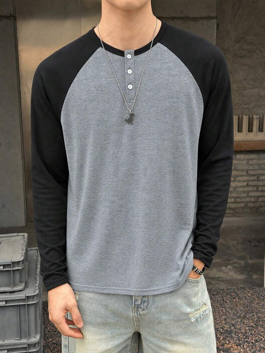 SHEIN Teen Boy Teen Boy Casual Black And Gray Color-Blocked Half-Open Pullover Long-Sleeved T-Shirt