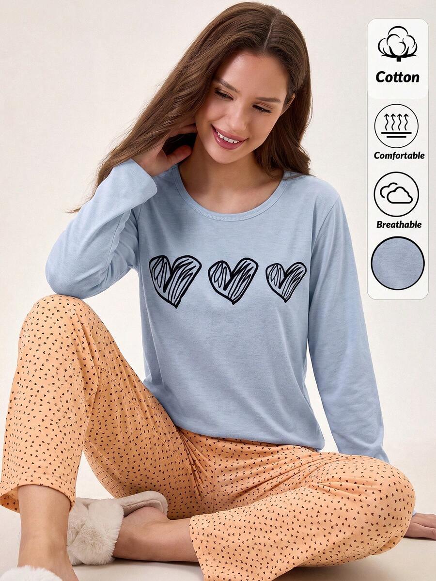 RueChic مجموعة بيجامة قطن 100% مطبوعة بنقشة قلوب قطعتين - أزرق فاتح اللون - مشاهدة 1