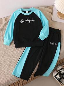Boys Korean Style Minimalist Black & Grey Colorblock Raglan Sleeve Crew Neck Sweatshirt With Matching Colorblock Loose Sweatpants Set, Spring Daily Outfit - Black - View 4