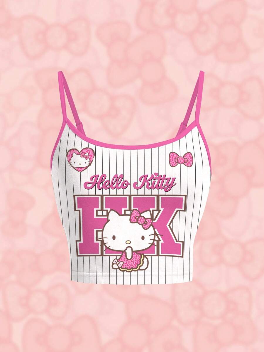 HELLO KITTY AND FRIENDS | SHEIN Women's Full-Print Cartoon Pink And White Camisole Tank Top Everyday Holiday Summer Cute Y2k - White - View 1