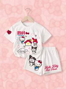 HELLO KITTY AND FRIENDS | SHEIN 女童卡通印花T恤短褲套裝 - 白色 - 查看 1