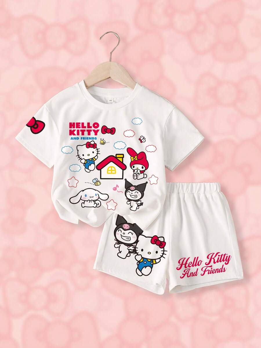 HELLO KITTY AND FRIENDS | SHEIN 女童卡通印花T恤短褲套裝 - 白色 - 查看 1