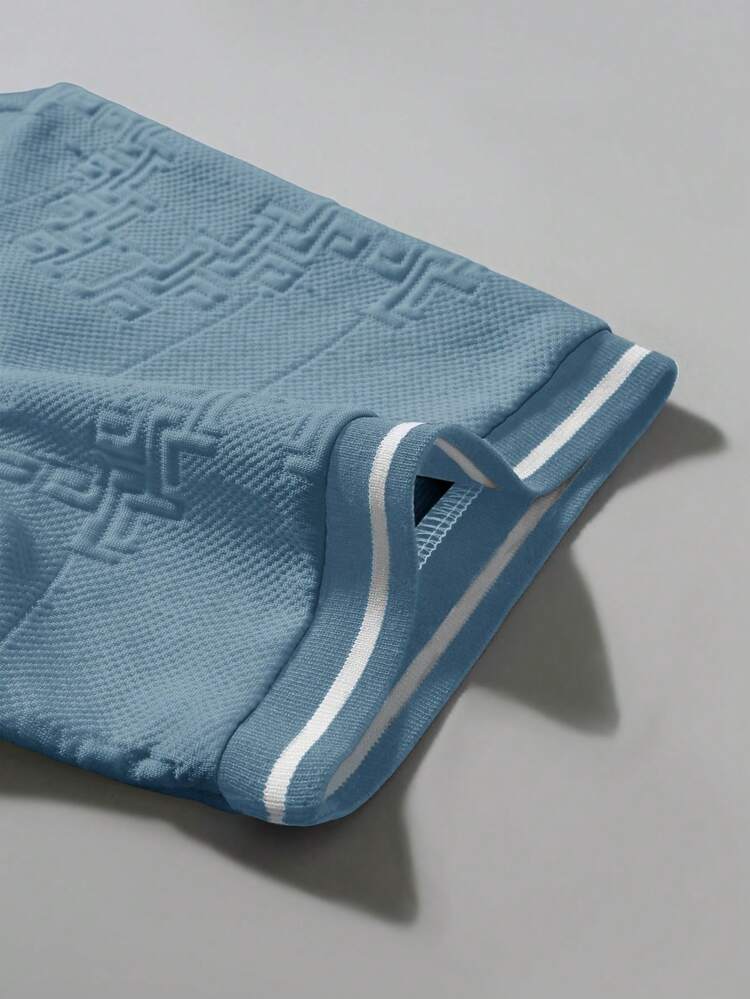 Manfinity Homme Men's Knitted Jacquard Solid Color Textured Collar And Cuffs Ribbed T-Shirt - Dusty Blue - View 5