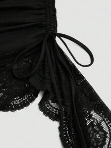 Sweetra Plus Size Women's Lace Patchwork Pleated Fashion Date Halter Neck Dress - Black - View 5