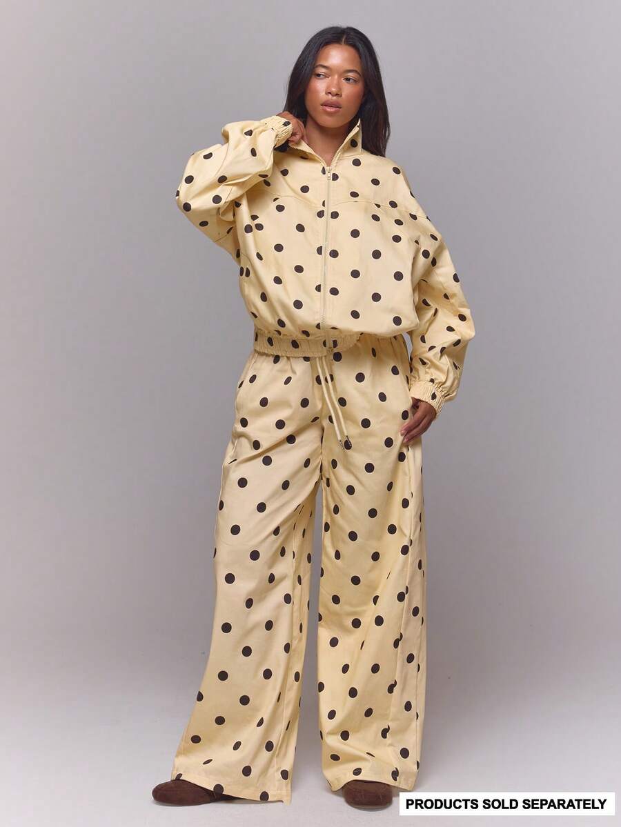 MUSERA Cream Polka Dot Nylon Wide Leg Jogger Pants - Yellow - View 1