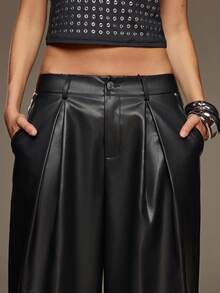 BAD SUNDAY Women's Autumn/Winter Wide Leg PU Low Waist Long Pants, Sexy Grunge Casual Y2K Versatile Outing Halloween Going Out Night Black - Black - View 5