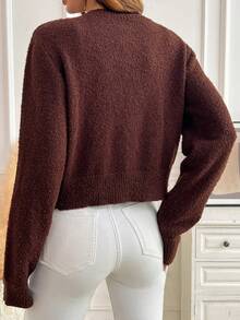 SHEIN Clasi Casual Solid Color Short Hollow-Out Knit Cardigan In Fall/Winter - Brown - View 2