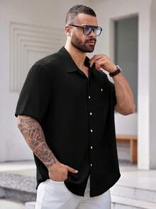EASEVO Woven Casual Short Sleeve Shirt (Plus Size), Vacation, Father's Day Gifts - Black - View 5
