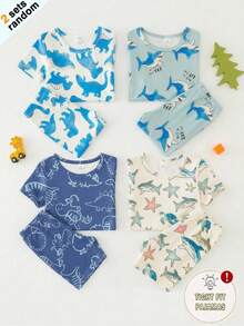 [1 Set Acak] Set Piyama Anak Laki-laki Balita Motif Kartun Hewan Laut & Kendaraan Teknik yang Lucu, Pas Badan, Warna Putih, Cocok untuk Keluarga di Musim Panas - MultiWarna - View 1