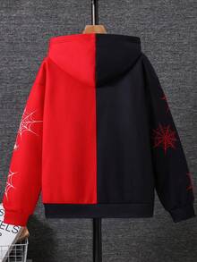 SHEIN Jaket Rajut Tebal Berkerudung dengan Resleting Motif Jaring Laba-laba dan Laba-laba untuk Remaja Laki-laki, Cocok untuk Kembali ke Sekolah - MultiWarna - View 3