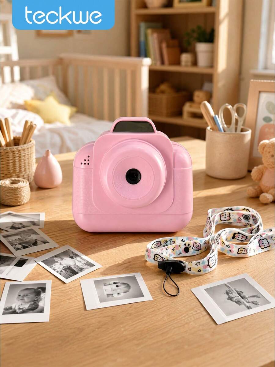 Teckwe 1PC Mini Digital Instant Print Camera For Kids, Pink & Cute Cartoon, High-Definition Photo & Print - View 1