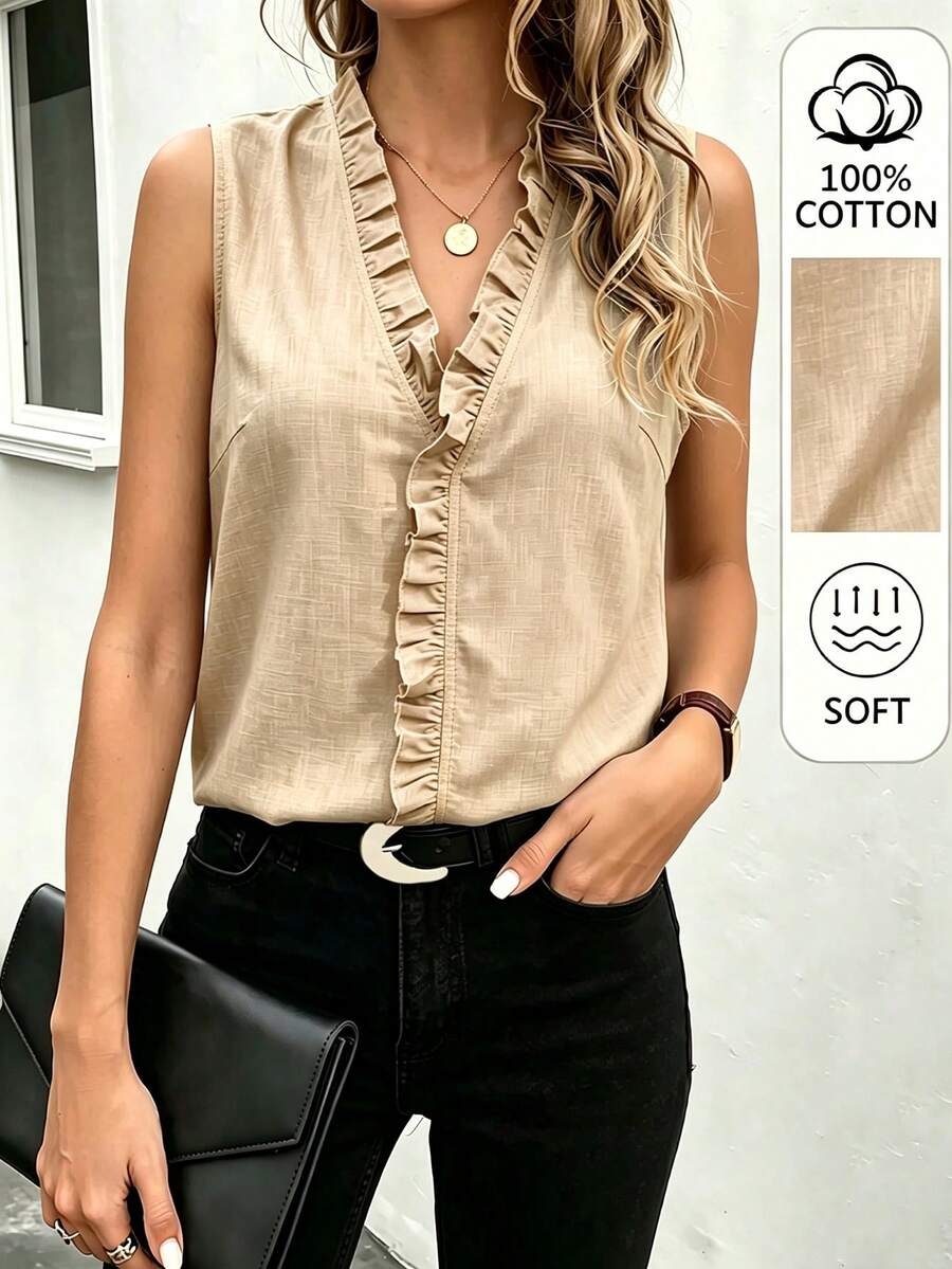 EMERY ROSE Women's Solid Color V-Neck Pleated Casual Versatile Daily Wear Blouse - Khaki - View 1