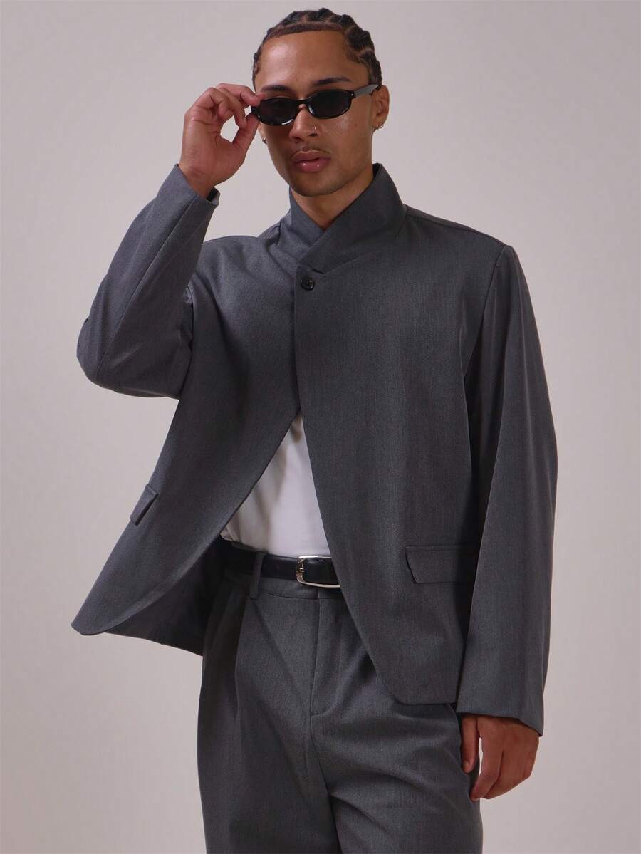 Musero Maßgeschneiderte asymmetrische Jacke mit Einzelknopf-Detail, Doppeltaschen vorne, Frühjahr/Sommer-Essentials, Co-Ord-Blazer nur - Grau - Übersicht 1