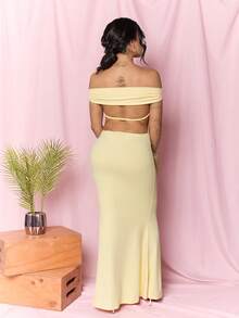 Dania Mndz Shop White Wedding Season Backless Ruched Off Shoulder Bodycon Dress For Women,Summer Dresses ,Party Yellow Guest Elegant - Yellow - View 3