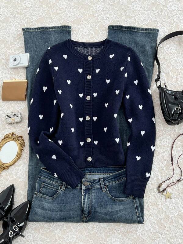 SHEIN ICON Women's Fashion Heart Polka Dot Cardigan, Sweet Cute Casual Daily Wear Sexy Sweater