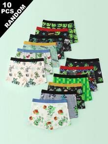 [10 Random Pieces] Big Boys' Comfortable Boxer Briefs, Green Block & Dinosaur Print, Kids' Cartoon Underwear - Multicolor - View 2