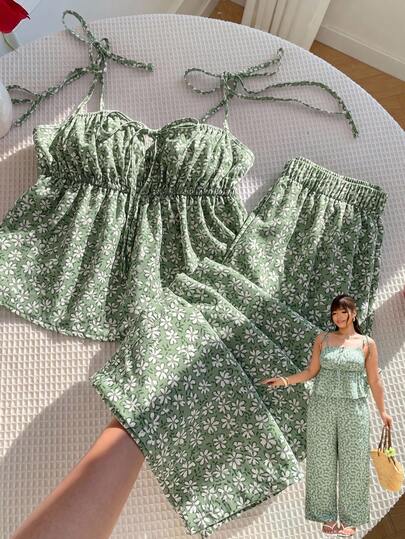 GalTyme Plus Size Vacation Casual Ditsy Floral Camisole Top & Long Pants 2 Pieces Set