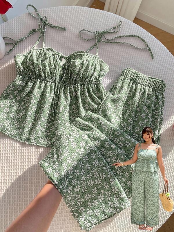 GalTyme Plus Size Vacation Casual Ditsy Floral Camisole Top & Long Pants 2 Pieces Set