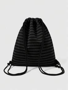 ROMWE Anime 1Pc Dark Gray Black Striped Printing Large Capacity Drawstring Bundle Backpack Casual Versatile Unisex Suitable For Commuting, Socializing, Shopping - Gray black stripes 1 - View 6