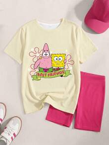SpongeBob SquarePants | SHEIN Tween Girl Cartoon Print Round Neck Short Sleeve T-Shirt And Solid Color Biker Shorts 2-Pieces Set - White - View 1