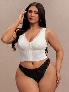 SHEIN BAE 1 件大码女式蕾丝拼布丁字裤 - 黑色 - 查看 4