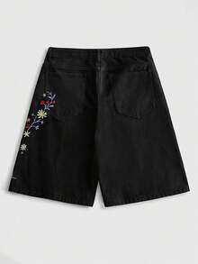 ROMWE MEN 男士刺繡圖案寬鬆版型牛仔短褲 - 黑色 - 查看 4