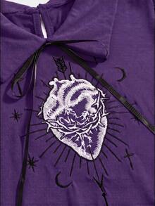 ROMWE Goth 深色哥德風紅色愛心刺繡圖案大尺碼女款短洋裝 - 紫色 - 查看 3