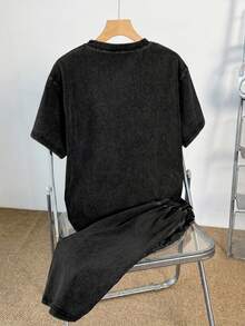 SHEIN 青少年男孩圓領短袖T恤與短褲休閒牛仔套裝 - 黑色 - 查看 2