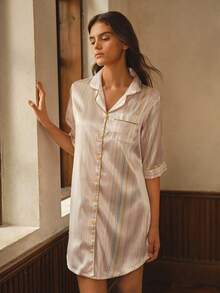 Bisouelle Summer Satin Casual Striped Print Lapel Front Button-Down Patch Pocket Short Sleeve Nightgown For Women, Suitable For Autumn - Multicolor - View 1