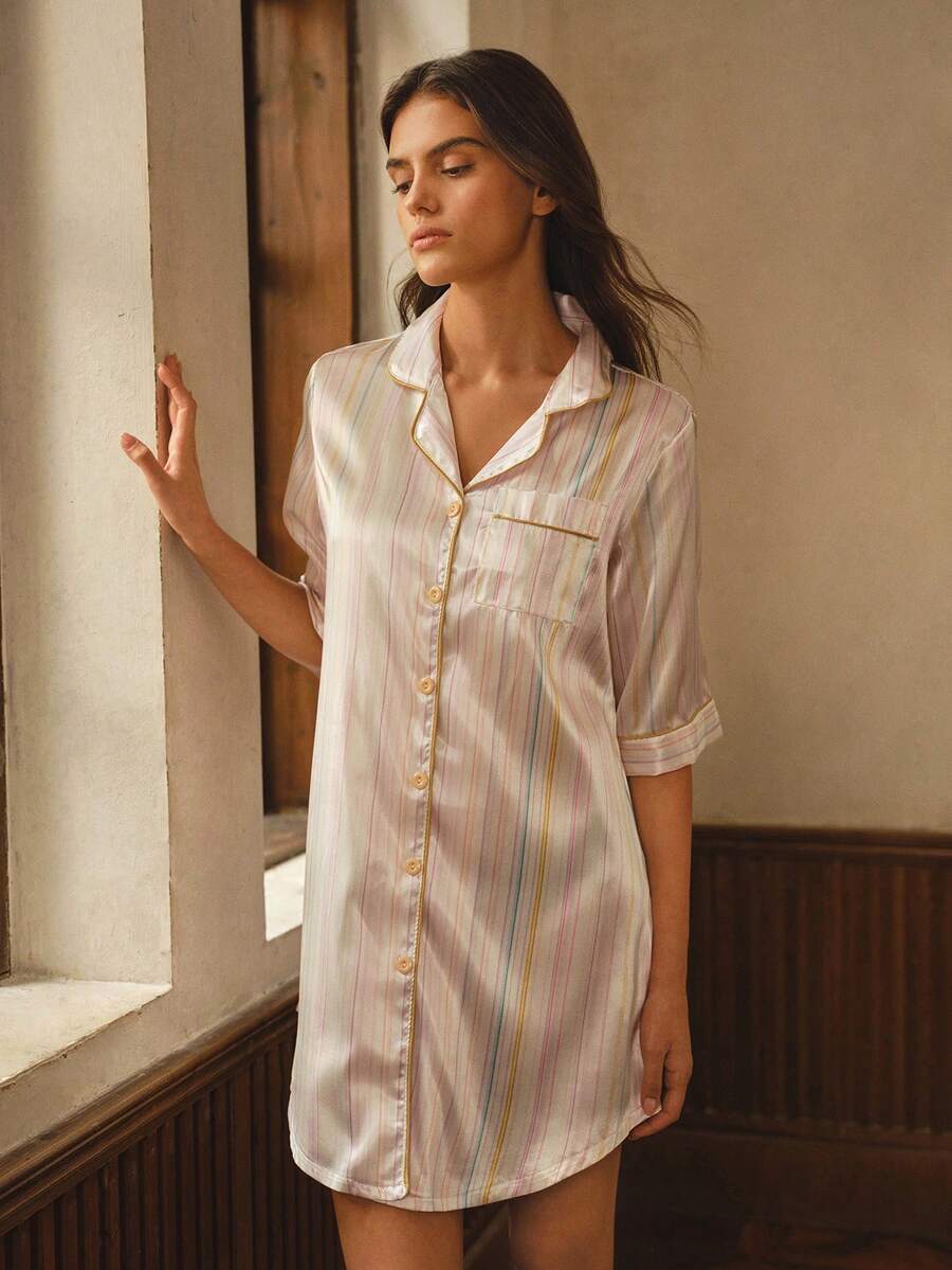 Bisouelle Summer Satin Casual Striped Print Lapel Front Button-Down Patch Pocket Short Sleeve Nightgown For Women, Suitable For Autumn - Multicolor - View 1