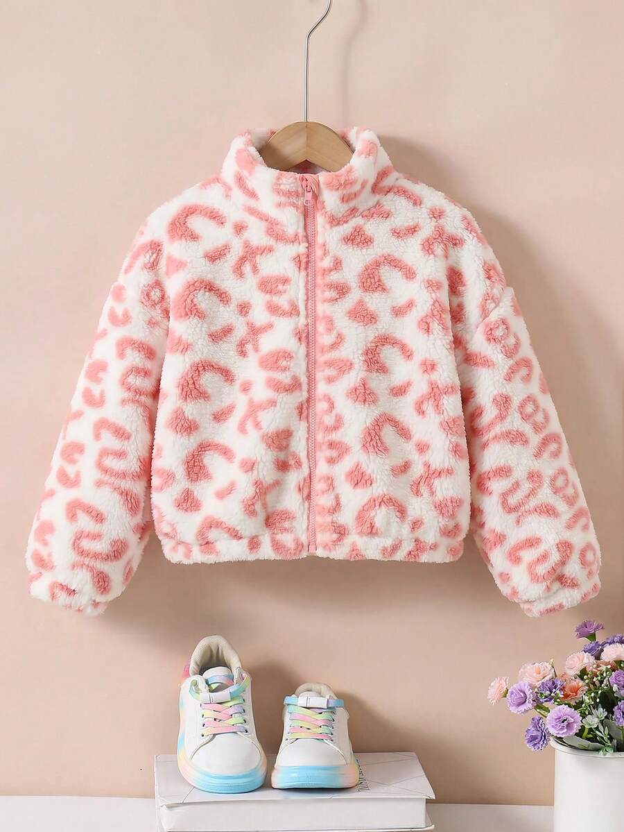 SHEIN 女童彩色花卉圖案立領長袖拉鍊假領保暖泰迪絨秋冬夾克外套,舒適款 - 粉色 - 查看 1