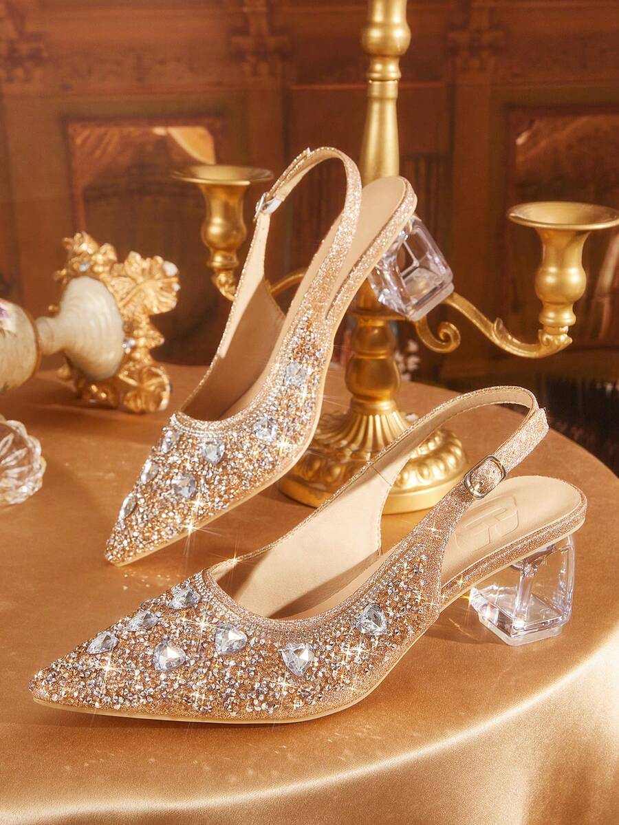 CUCCOO TILAWA Women's Crystal And Glass Rhinestone Pointed Light Gold High-Heeled Shoes, Suitable For Going Out, Banquets, Parties And Other Activities - Light gold - View 1