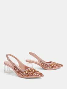 CUCCOO TILAWA Ladies' Fashionable And Elegant Crystal And Glass Rhinestone Pointed Champagne High-Heeled Shoes, Suitable For Going Out, Banquets, Parties And Other - Champagne - View 3